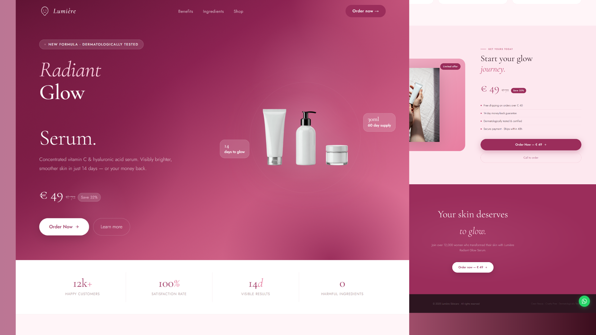 Landing page cosmétiques Lumiere